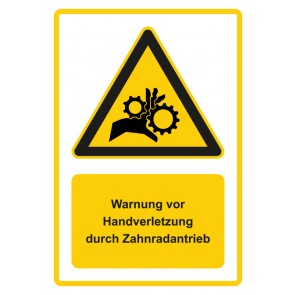 Aufkleber Warnzeichen Piktogramm & Text deutsch · Warnung vor Handverletzung durch Zahnradantrieb · gelb