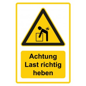 Schild Warnzeichen Piktogramm & Text deutsch · Hinweiszeichen Achtung, Last richtig heben · gelb | selbstklebend