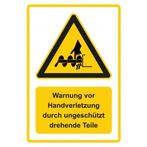 Schild Warnzeichen Piktogramm & Text deutsch · Warnung vor Handverletzung durch ungeschützt drehende Teile · gelb