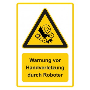 Schild Warnzeichen Piktogramm & Text deutsch · Warnung vor Handverletzung durch Roboter · gelb