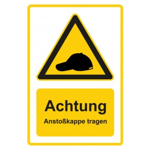 Schild Warnzeichen Piktogramm & Text deutsch · Hinweiszeichen Achtung, Anstoßkappe tragen · gelb | selbstklebend