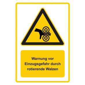 Schild Warnzeichen Piktogramm & Text deutsch · Warnung vor Einzugsgefahr durch rotierende Walzen · gelb | selbstklebend