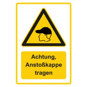 Schild Warnzeichen Piktogramm & Text deutsch · Hinweiszeichen Achtung, Anstoßkappe tragen · gelb
