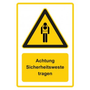 Schild Warnzeichen Piktogramm & Text deutsch · Hinweiszeichen Achtung Sicherheitsweste tragen · gelb