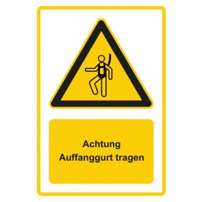Schild Warnzeichen Piktogramm & Text deutsch · Hinweiszeichen Achtung Auffanggurt tragen · gelb