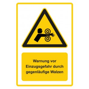 Schild Warnzeichen Piktogramm & Text deutsch · Warnung vor Einzugsgefahr durch gegenläufige Walzen · gelb | selbstklebend