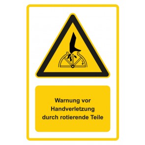 Schild Warnzeichen Piktogramm & Text deutsch · Warnung vor Handverletzung durch rotierende Teile · gelb | selbstklebend
