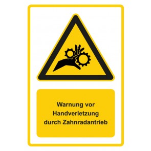 Schild Warnzeichen Piktogramm & Text deutsch · Warnung vor Handverletzung durch Zahnradantrieb · gelb | selbstklebend