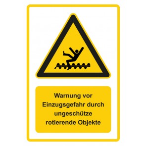 Schild Warnzeichen Piktogramm & Text deutsch · Warnung vor Einzugsgefahr durch ungeschützt rotierende Objekte · gelb