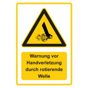 Schild Warnzeichen Piktogramm & Text deutsch · Warnung vor Handverletzung durch rotierende Welle · gelb