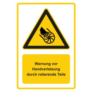 Schild Warnzeichen Piktogramm & Text deutsch · Warnung vor Handverletzung durch rotierende Teile · gelb