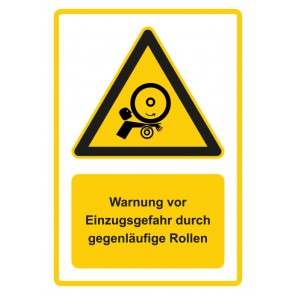 Aufkleber Warnzeichen Piktogramm & Text deutsch · Warnung vor Einzugsgefahr durch gegenläufige Rollen · gelb