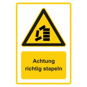 Schild Warnzeichen Piktogramm & Text deutsch · Hinweiszeichen Achtung, richtig stapeln · gelb