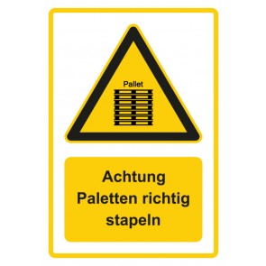Schild Warnzeichen Piktogramm & Text deutsch · Hinweiszeichen Achtung, Paletten richtig stapeln · gelb