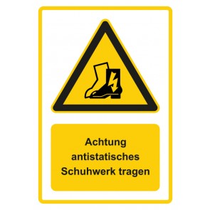 Schild Warnzeichen Piktogramm & Text deutsch · Hinweiszeichen Achtung, antistatisches Schuhwerk tragen · gelb