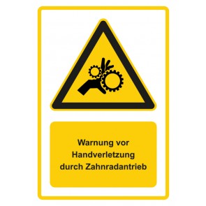 Aufkleber Warnzeichen Piktogramm & Text deutsch · Warnung vor Handverletzung durch Zahnradantrieb · gelb | stark haftend