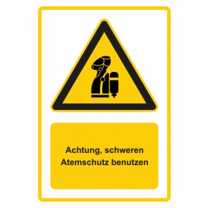 Schild Warnzeichen Piktogramm & Text deutsch · Hinweiszeichen Achtung, schweren Atemschutz benutzen · gelb
