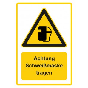 Schild Warnzeichen Piktogramm & Text deutsch · Hinweiszeichen Achtung, Schweißmaske tragen · gelb | selbstklebend