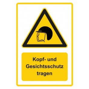 Schild Warnzeichen Piktogramm & Text deutsch · Hinweiszeichen Kopf- und Gesichtsschutz tragen · gelb