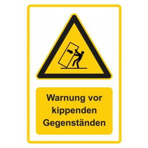 Schild Warnzeichen Piktogramm & Text deutsch · Warnung vor kippenden Gegenständen · gelb