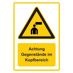 Schild Warnzeichen Piktogramm & Text deutsch · Hinweiszeichen Achtung, Gegenstände im Kopfbereich · gelb | selbstklebend