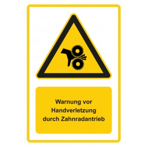 Schild Warnzeichen Piktogramm & Text deutsch · Warnung vor Handverletzung durch Zahnradantrieb · gelb