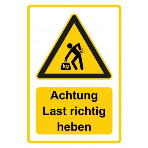 Schild Warnzeichen Piktogramm & Text deutsch · Hinweiszeichen Achtung, Last richtig heben · gelb