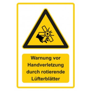 Aufkleber Warnzeichen Piktogramm & Text deutsch · Warnung vor Handverletzung durch rotierende Lüfterblätter · gelb
