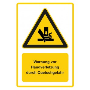 Schild Warnzeichen Piktogramm & Text deutsch · Warnung vor Handverletzung durch Quetschgefahr · gelb | selbstklebend