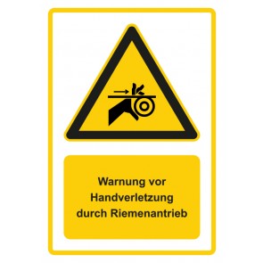 Aufkleber Warnzeichen Piktogramm & Text deutsch · Warnung vor Handverletzung durch Riemenantrieb · gelb | stark haftend