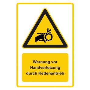 Aufkleber Warnzeichen Piktogramm & Text deutsch · Warnung vor Handverletzung durch Kettenantrieb · gelb