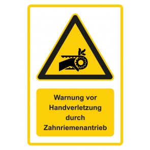 Schild Warnzeichen Piktogramm & Text deutsch · Warnung vor Handverletzung durch Zahnriemenantrieb · gelb