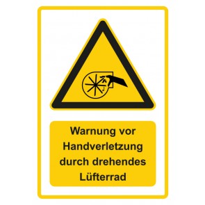 Aufkleber Warnzeichen Piktogramm & Text deutsch · Warnung vor Handverletzung durch drehendes Lüfterrad · gelb | stark haftend