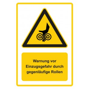 Schild Warnzeichen Piktogramm & Text deutsch · Warnung vor Einzugsgefahr durch gegenläufige Rollen · gelb