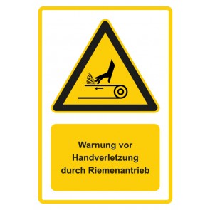 Magnetschild Warnzeichen Piktogramm & Text deutsch · Warnung vor Handverletzung durch Riemenantrieb · gelb