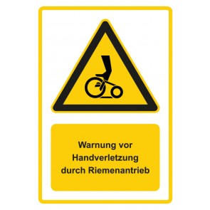 Magnetschild Warnzeichen Piktogramm & Text deutsch · Warnung vor Handverletzung durch Riemenantrieb · gelb