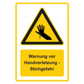 Aufkleber Warnzeichen Piktogramm & Text deutsch · Warnung vor Handverletzung - Stichgefahr · gelb