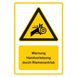 Magnetschild Warnzeichen Piktogramm & Text deutsch · Warnung Handverletzung durch Riemenantrieb · gelb