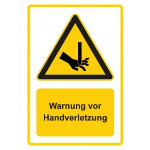 Schild Warnzeichen Piktogramm & Text deutsch · Warnung vor Handverletzung · gelb