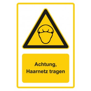 Schild Warnzeichen Piktogramm & Text deutsch · Hinweiszeichen Achtung, Haarnetz tragen · gelb | selbstklebend