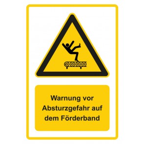 Aufkleber Warnzeichen Piktogramm & Text deutsch · Warnung vor Absturzgefahr auf dem Förderband · gelb