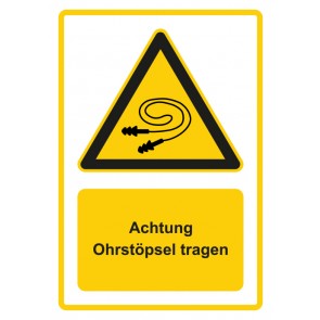 Aufkleber Warnzeichen Piktogramm & Text deutsch · Hinweiszeichen Achtung, Ohrstöpsel tragen · gelb