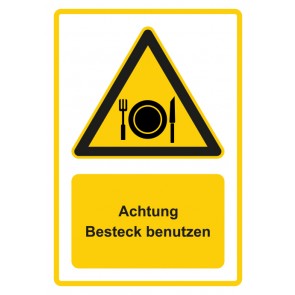 Schild Warnzeichen Piktogramm & Text deutsch · Hinweiszeichen Achtung, Besteck benutzen · gelb | selbstklebend