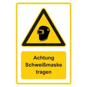 Schild Warnzeichen Piktogramm & Text deutsch · Hinweiszeichen Achtung, Schweißmaske tragen · gelb
