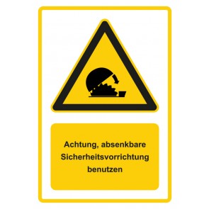Schild Warnzeichen Piktogramm & Text deutsch · Hinweiszeichen Achtung, absenkbare Sicherheitsvorrichtung benutzen · gelb