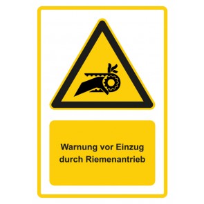 Aufkleber Warnzeichen Piktogramm & Text deutsch · Warnung vor Einzug durch Riemenantrieb · gelb