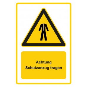 Schild Warnzeichen Piktogramm & Text deutsch · Hinweiszeichen Achtung, Schutzanzug tragen · gelb