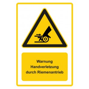 Schild Warnzeichen Piktogramm & Text deutsch · Warnung Handverletzung durch Riemenantrieb · gelb
