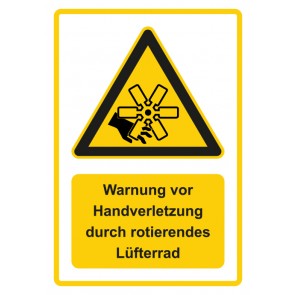 Schild Warnzeichen Piktogramm & Text deutsch · Warnung vor Handverletzung durch rotierendes Lüfterrad · gelb | selbstklebend