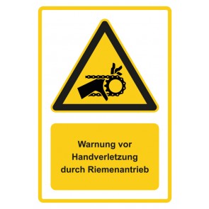 Aufkleber Warnzeichen Piktogramm & Text deutsch · Warnung vor Handverletzung durch Riemenantrieb · gelb
